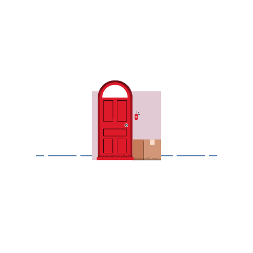 Red door with parcels on the bottom